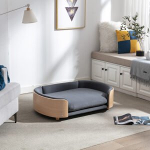 FurryHabit Scandinavian Elevated Dog Bed Sofa | Luxury Velvet Cushion & Solid Wood Design