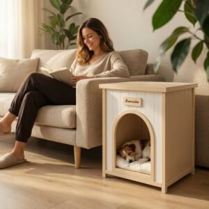 FurryHabit Modern Indoor Wooden Dog House | Solid Cedar Pet House with Removable Cushion for Small Dogs & Cats