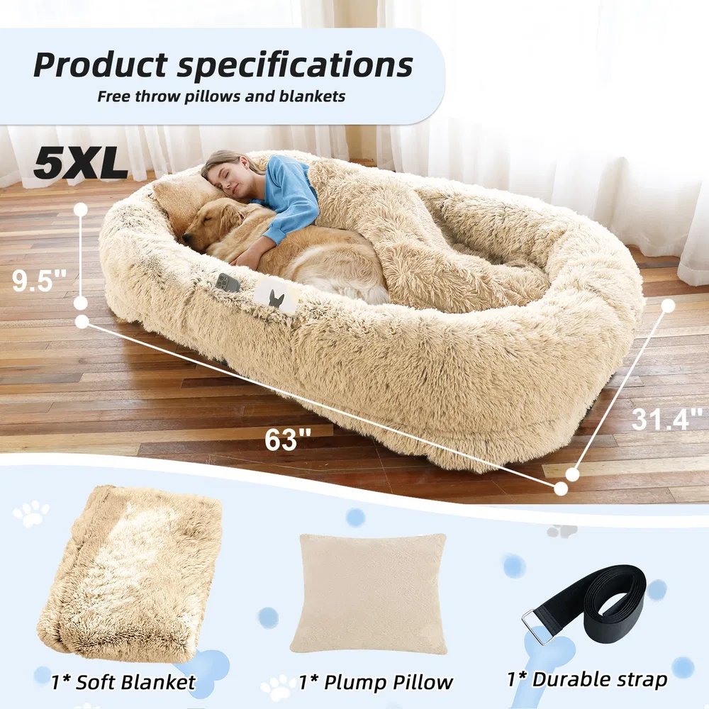 FurryHabit Human Dog Bed – Extra Large Orthopedic Faux Fur Bed for People & Pets with Pillow, Blanket & Carry Strap - Image 9