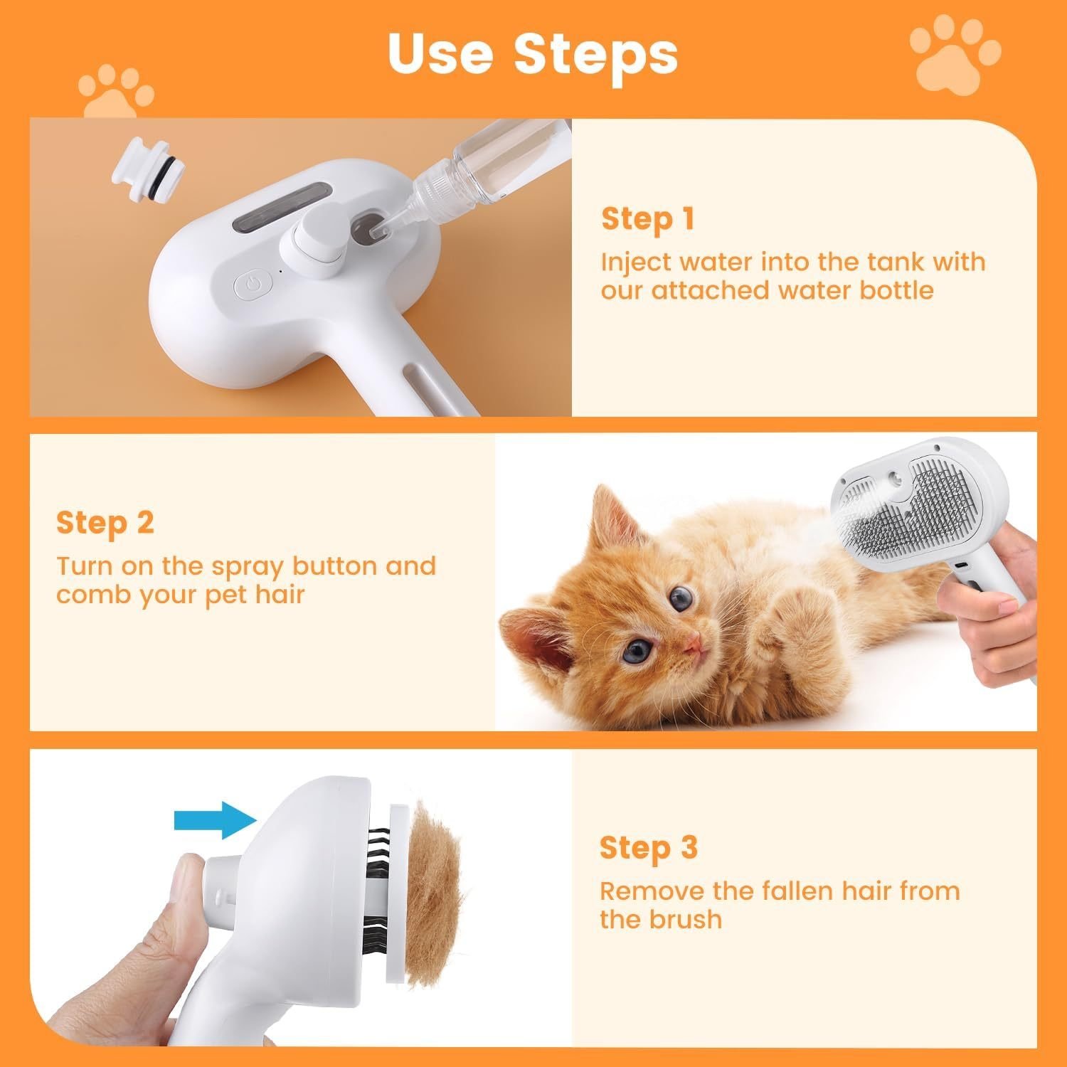 FurryHabit 3-in-1 Steam Pet Grooming Brush – Water Mist Deshedding Brush for Cats & Dogs with Self-Cleaning Release Button - Image 7
