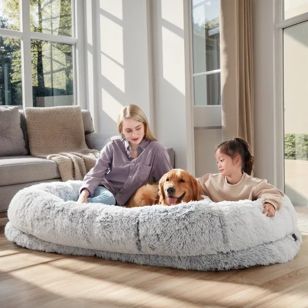 FurryHabit Human Dog Bed – Extra Large Orthopedic Faux Fur Bed for People & Pets with Pillow, Blanket & Carry Strap - Image 3
