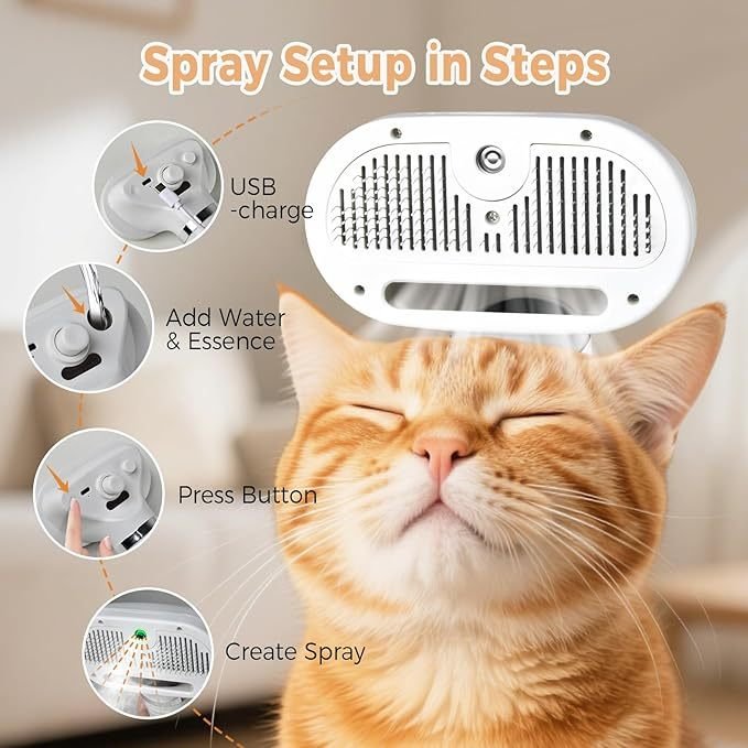 FurryHabit 3-in-1 Steam Pet Grooming Brush – Water Mist Deshedding Brush for Cats & Dogs with Self-Cleaning Release Button - Image 3