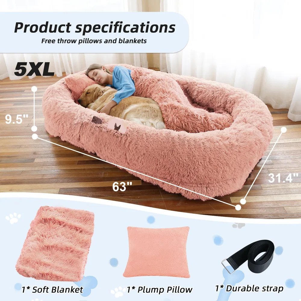 FurryHabit Human Dog Bed – Extra Large Orthopedic Faux Fur Bed for People & Pets with Pillow, Blanket & Carry Strap - Image 2