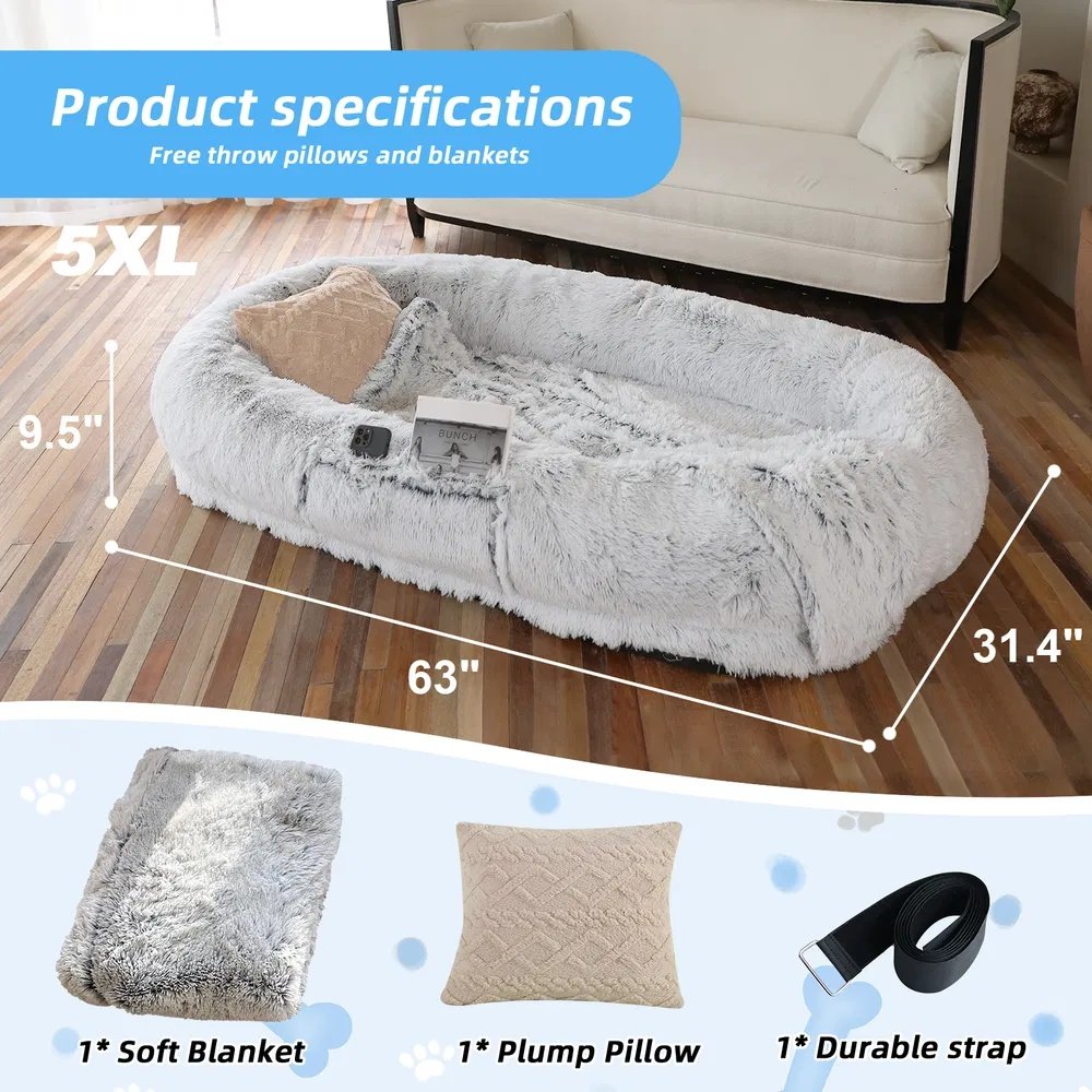 FurryHabit Human Dog Bed – Extra Large Orthopedic Faux Fur Bed for People & Pets with Pillow, Blanket & Carry Strap - Image 8