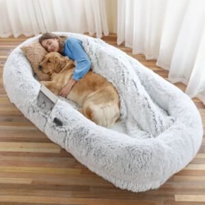 FurryHabit Human Dog Bed – Extra Large Orthopedic Faux Fur Bed for People & Pets with Pillow, Blanket & Carry Strap