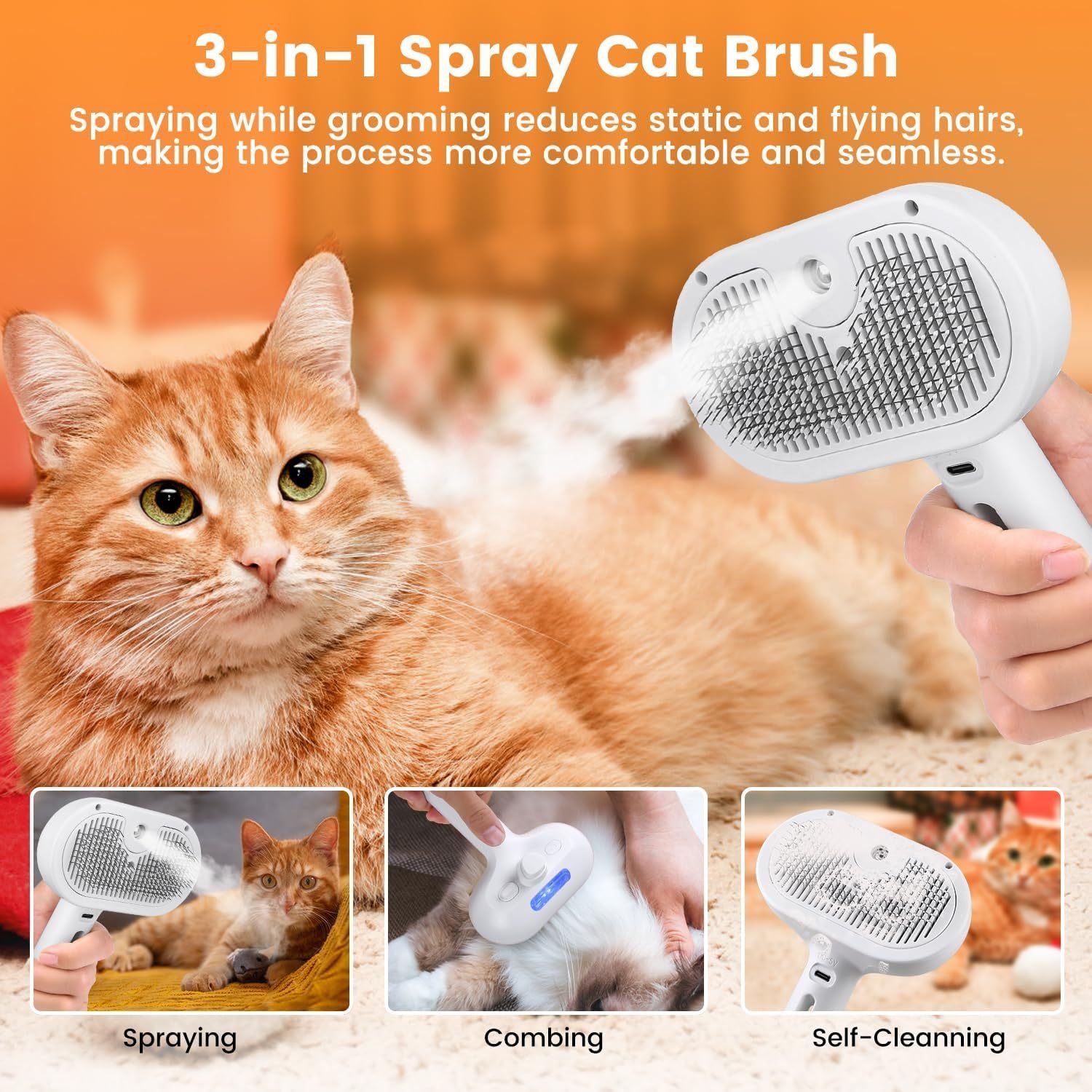 FurryHabit 3-in-1 Steam Pet Grooming Brush – Water Mist Deshedding Brush for Cats & Dogs with Self-Cleaning Release Button - Image 9