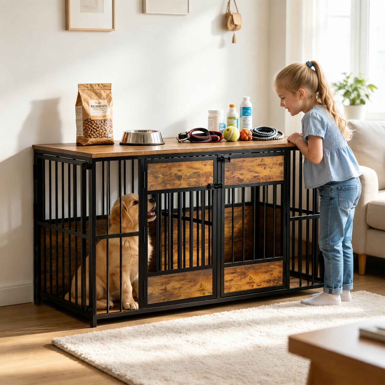 Wooden Dog Crate Furniture, Large Dog Kennel with Storage Top, Indoor Pet Cage - Image 9