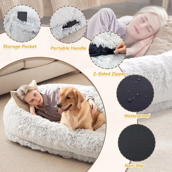 FurryHabit Human Dog Bed – Extra Large Orthopedic Faux Fur Bed for People & Pets with Pillow, Blanket & Carry Strap - Image 6